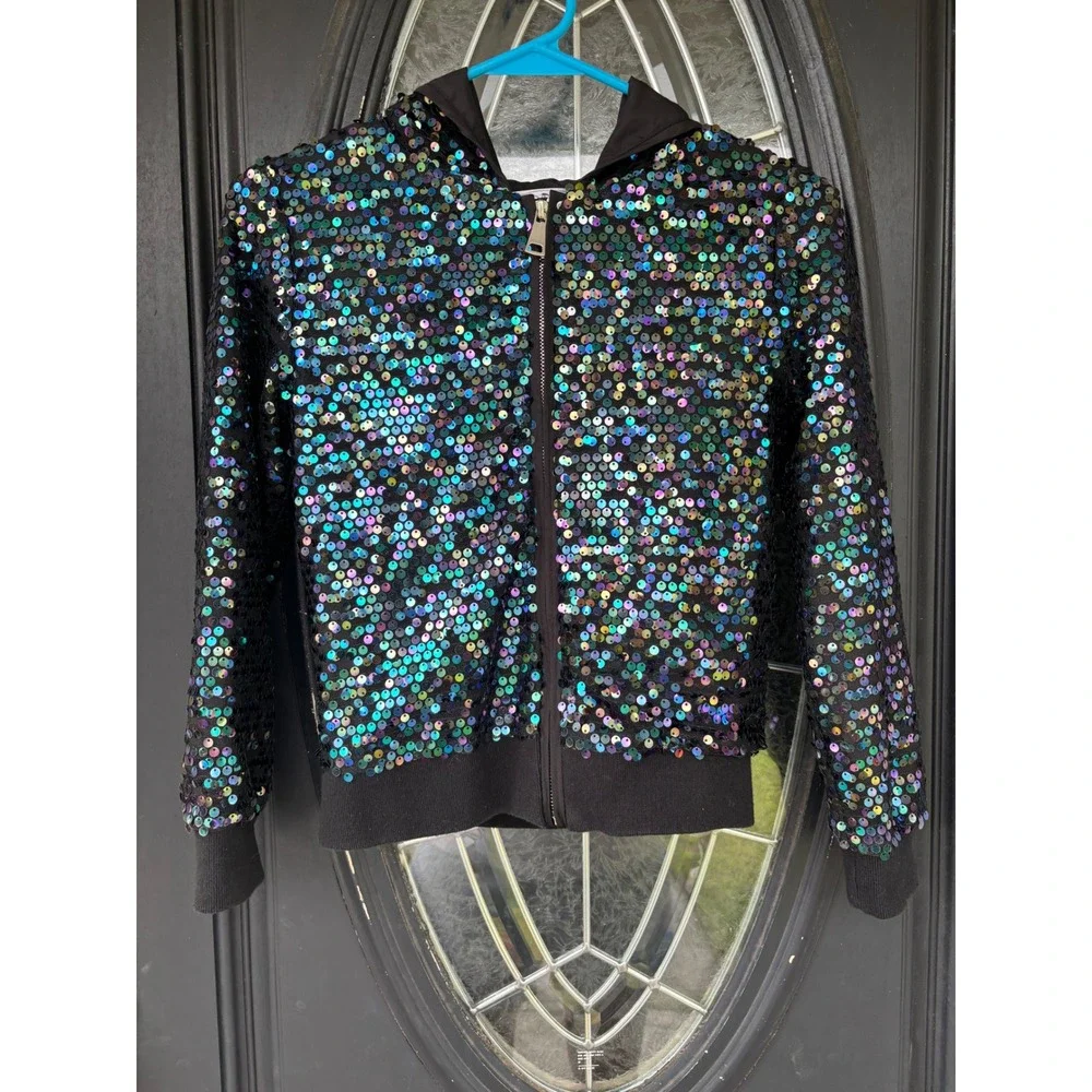 D-Signed Disney‎ Girls Iridescent Sequin Bomber Jacket Hooded Zip Up Black Med M